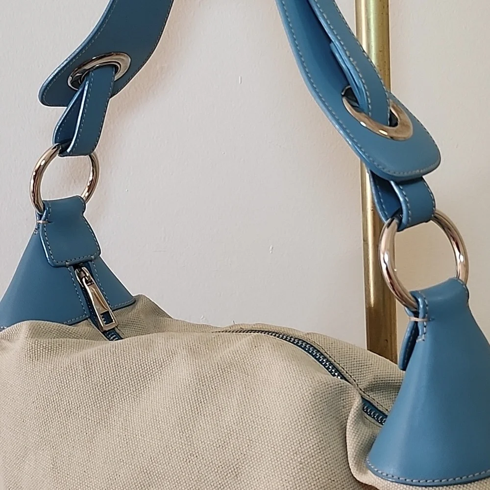 Bally Blue and Cream Canvas/ Leather Hobo Shoulder Bag